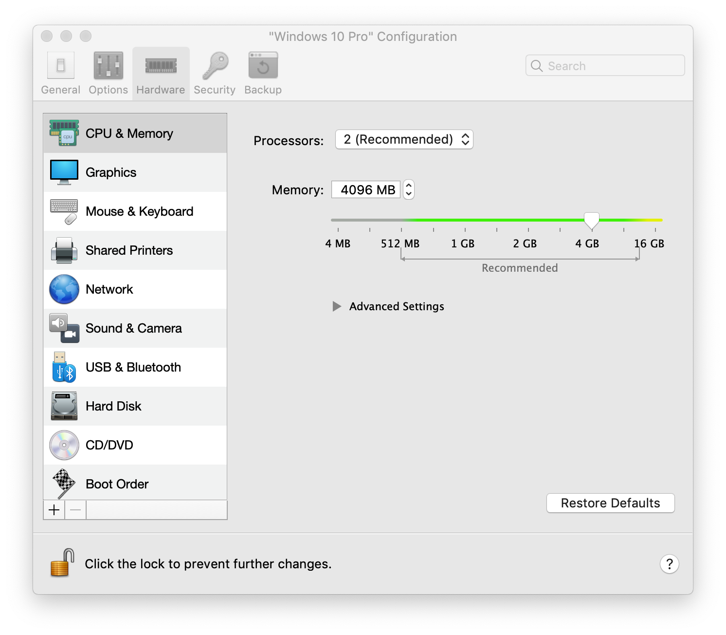 Parallels settings for 16gb ram windows 10